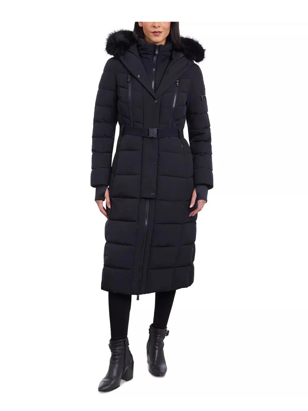 Long Black Quilted Puff Coat with Hood and Belt - Michael Kors